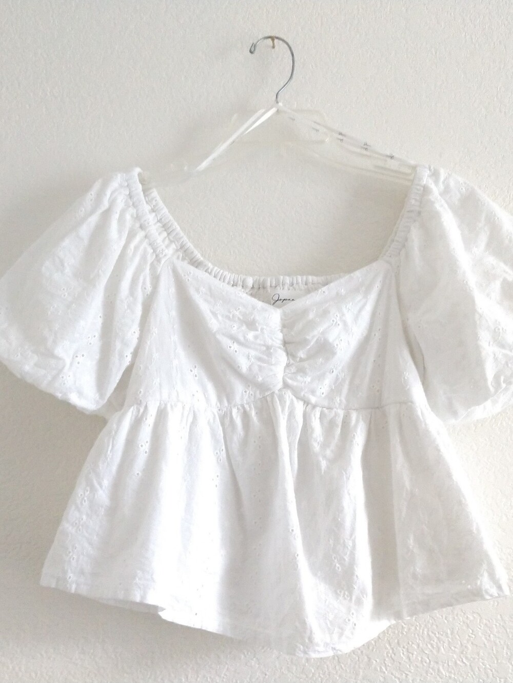 Adorable Japna White CROP Peasant Top Coquette White Eyelet Puff Sleeves Small - Picture 2 of 12